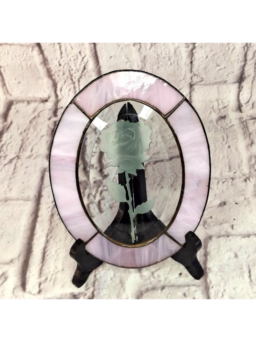 Vintage Stained Glass Sun Catcher Edged Rose Wall Hanger Pink & Clear 8 x 5.5in